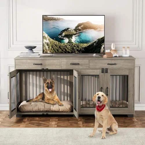 Wooden Double Dog Crate with 3 Drawers